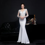 White Long V-neck Appliques Full Sleeve Evening Dress See through Elegant Wedding Dress