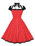 Women Pinup 1950s Vintage Polka Dot Dress Halter Cap Sleeve Button Front Evening Party Rockabilly Ladies Dresses