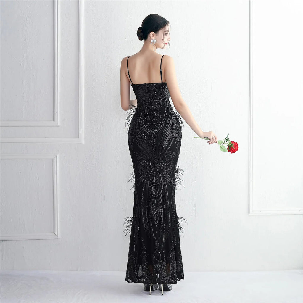 Women Sexy Party Maxi Dress Strap V Neck Feather Evening Black Sequin Long Prom Dress