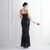 Women Sexy Party Maxi Dress Strap V Neck Feather Evening Black Sequin Long Prom Dress