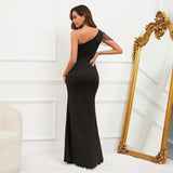 One Shoulder Slash Neck Beading Party Maxi Dress Women Sexy Slit Long Prom Evening Dress
