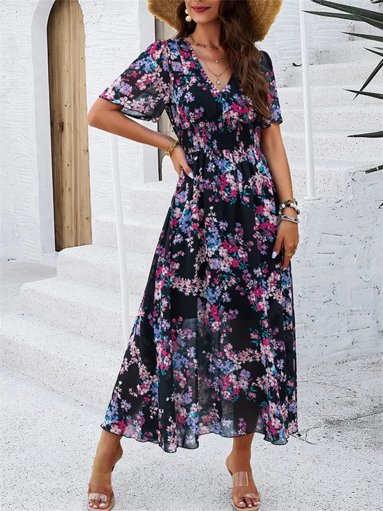 2024 High Waist Chiffon Long Women Floral Summer Dress Short Sleeve V Neck Bohemian Holiday A Line Vestidos