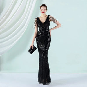 Women Beading Long Prom Dress Deep V Neck Black Sequin Evening Sexy Party Maxi Dress