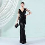 Women Beading Long Prom Dress Deep V Neck Black Sequin Evening Sexy Party Maxi Dress