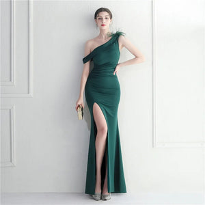 Slash Nech Feather Party Maxi Dress Women Sexy Slit Long Prom Evening Dress