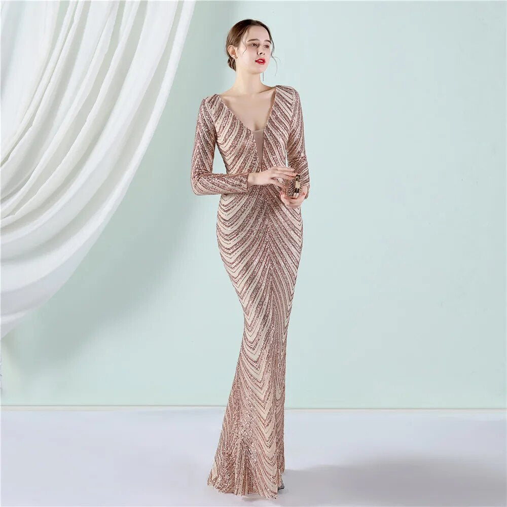 Stretch Sequin Maxi Dress Full Sleeve V Neck Mermaid Stripes Evening Night Long Party Dress