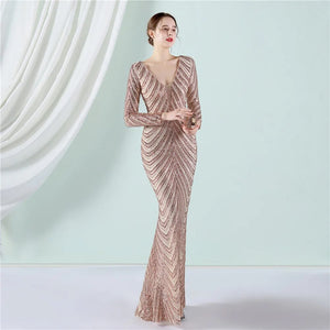 Stretch Sequin Maxi Dress Full Sleeve V Neck Mermaid Stripes Evening Night Long Party Dress