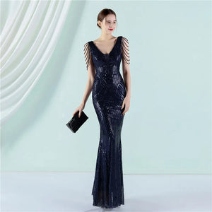 Women Beading Long Prom Dress Deep V Neck Black Sequin Evening Sexy Party Maxi Dress
