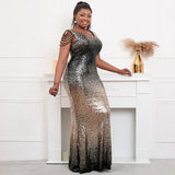 Plus Size Women Black Gold Sequin Beading Evening Dress Elegant V Neck Party Maxi Dress Long Prom Dress