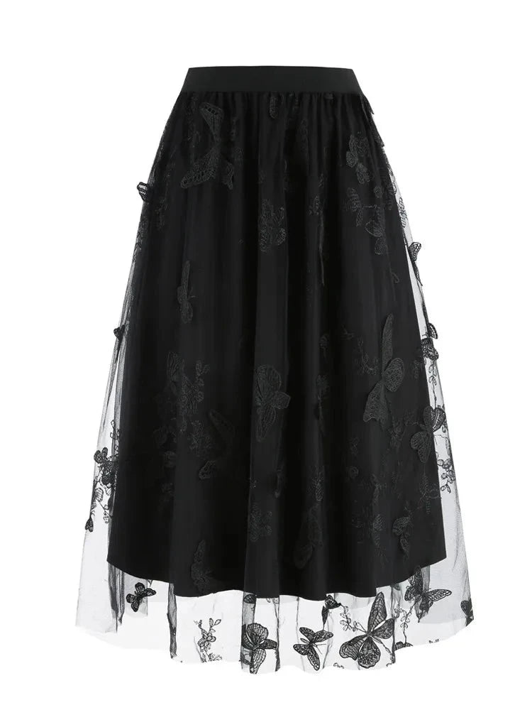 Elastic Waist Butterfly Embroidered Mesh Overlay Elegant Long Skirts for Women Vintage Midi Length Pleated Skirt