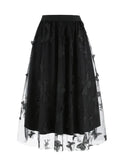 Elastic Waist Butterfly Embroidered Mesh Overlay Elegant Long Skirts for Women Vintage Midi Length Pleated Skirt