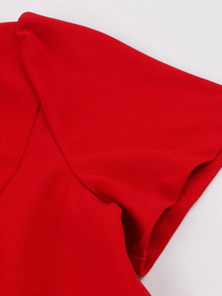 Vintage Retro Women Red Solid Dress Party Evening Elegant V-Neck Button Front Short Sleeve Summer Belted Swing Dress