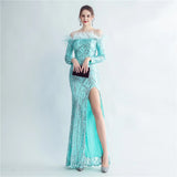 Off Shoulder Feather Sequin Dress Full Sleeve Evening Night Long Party Maxi Dress