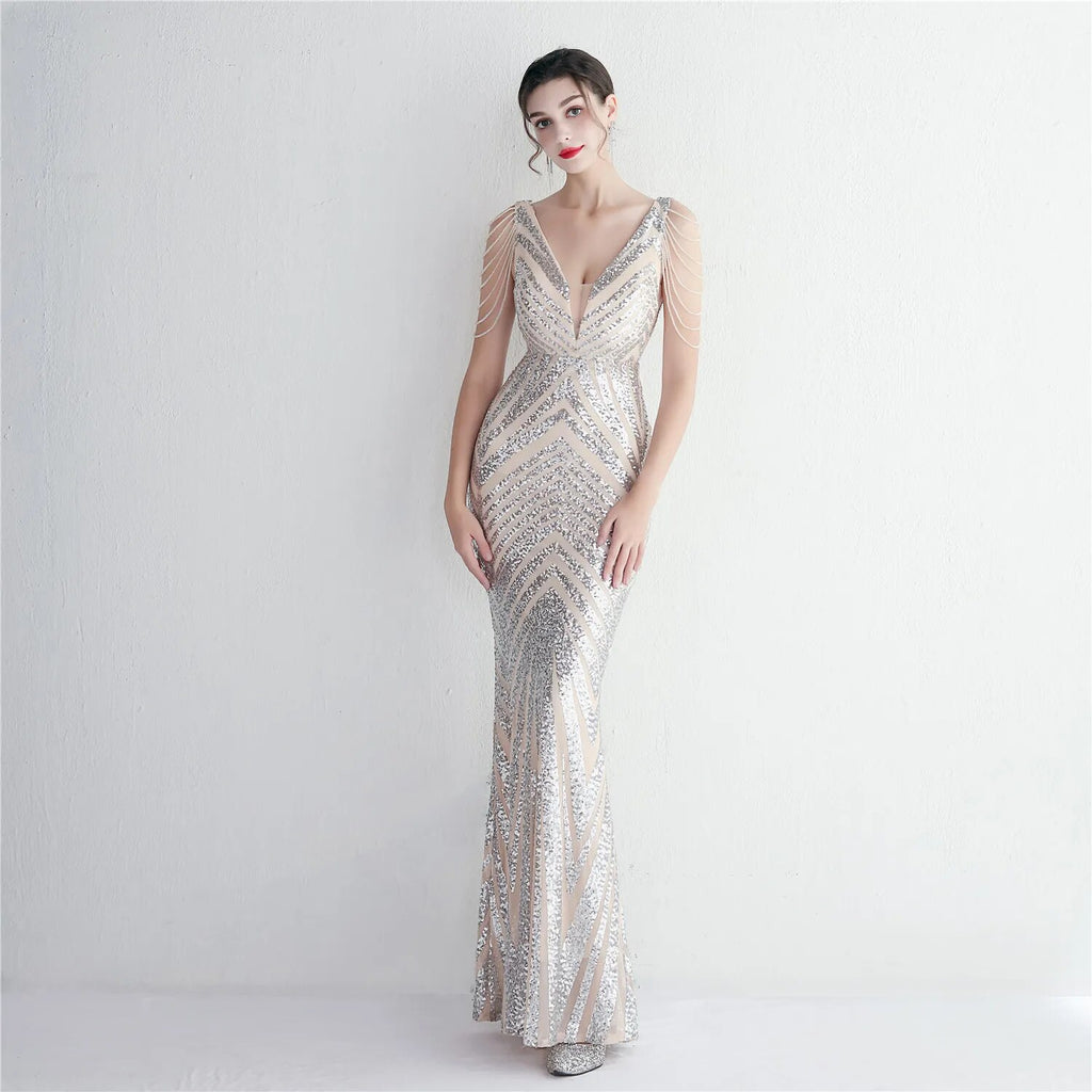 Women Beading Long Prom Deep V Neck Black Sequin Evening Dress Sexy Party Maxi Dress
