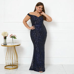 Plus Size Women Off Shoulder Navy Blue Sequin Evening Dress Elegant Boat Neck Party Maxi Dress Long Prom Dress