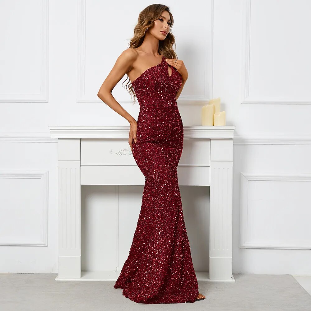 Sexy Slit Burgundy Sequin Women One Shoulder Beading Long Evening Dress Party Maxi Dress