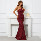 Sexy Slit Burgundy Sequin Women One Shoulder Beading Long Evening Dress Party Maxi Dress