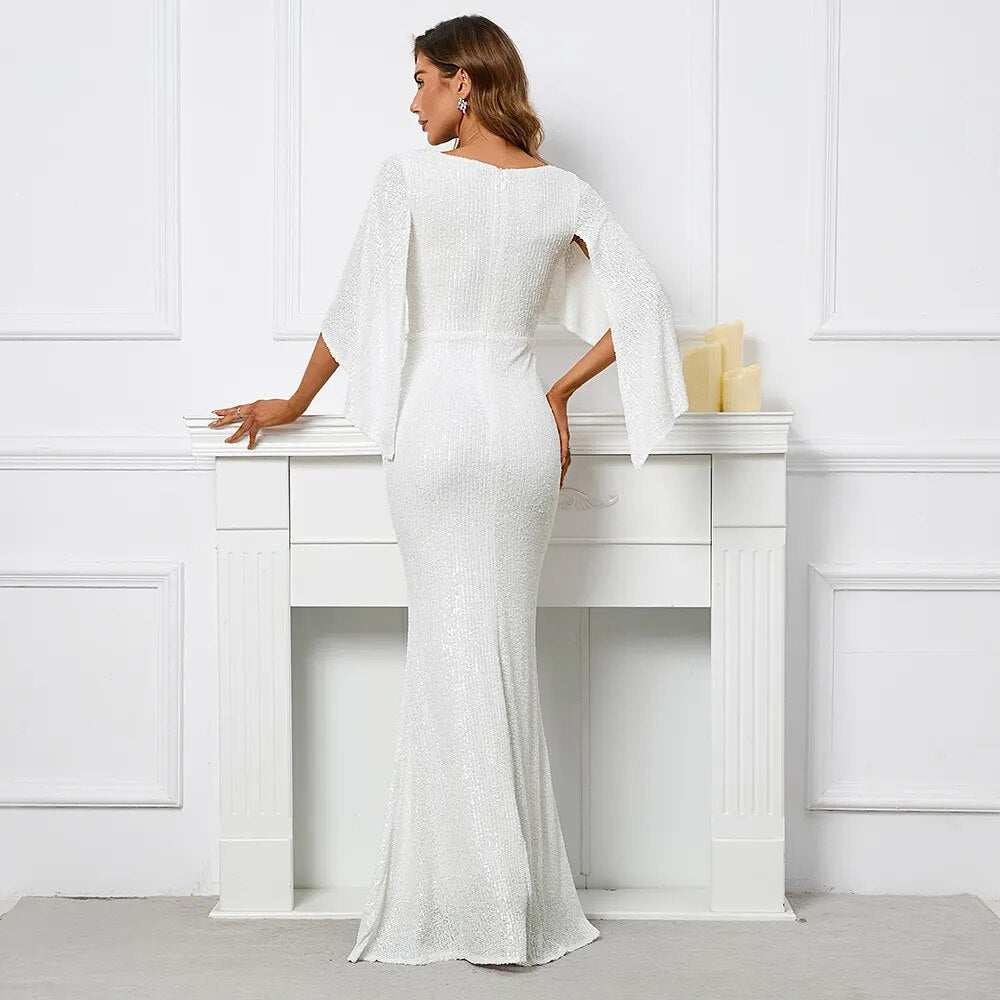 Women White Sequin Long Prom Dress V Neck Evening Dress Elegant Party Maxi Dress