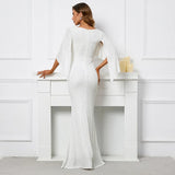 Women White Sequin Long Prom Dress V Neck Evening Dress Elegant Party Maxi Dress