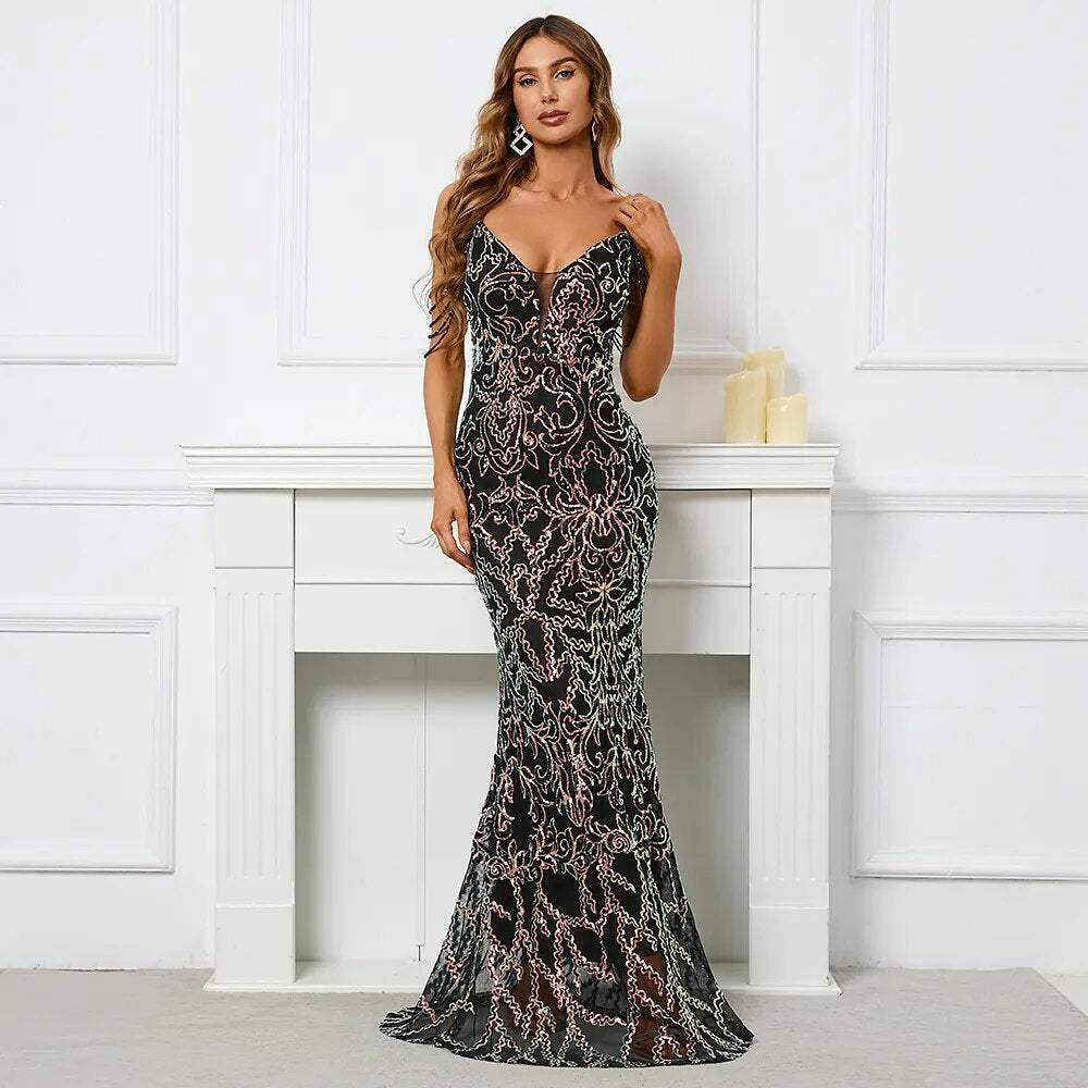 sexy sequin dresses maxi Women Sequin Dress Strap Beading Party Maxi Dress Sexy V Neck Evening –  jetechband