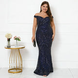 Plus Size Women Off Shoulder Navy Blue Sequin Evening Dress Elegant Boat Neck Party Maxi Dress Long Prom Dress