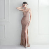 Sexy Slit Feater Evening Dress Women Slash Neck Sequin Party Maxi Dress Long Prom Dress