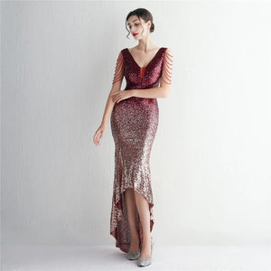 Women Beading Prom Dress V Neck Gold Sequin Evening Sexy Party Maxi Dress