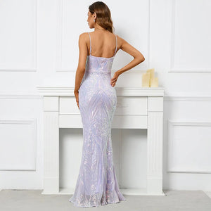 Women Lavender Color Strap Sequin Dress Party Maxi Dress Sexy V Neck Evening Long Prom Dress