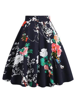 Colorful Floral 50s Pinup A Line Midi Skirts for Women High Waist Zipper Back Cotton Vintage Female Swing Skirt