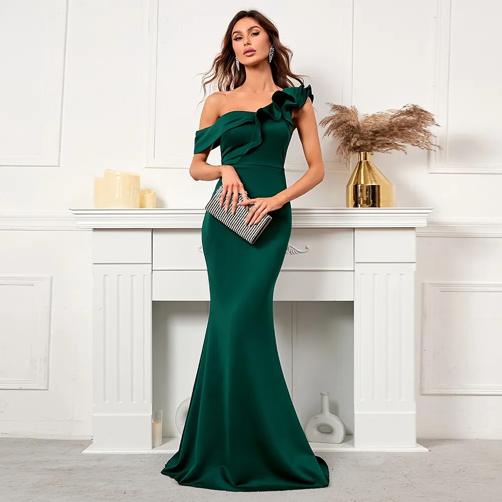 Women Burgundy Evening Slash Neck Ruffles Celebrity Party Maxi Dress Sexy Long Dress