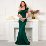 Women Burgundy Evening Slash Neck Ruffles Celebrity Party Maxi Dress Sexy Long Dress