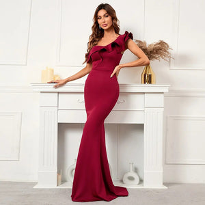 Women Burgundy Evening Slash Neck Ruffles Celebrity Party Maxi Dress Sexy Long Dress