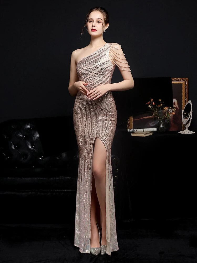 Elegant Party Maxi Dress Gold Sequin Evening Dress Women Long Sleeve Prom Dress