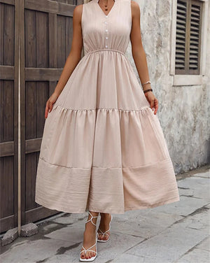 2024 Summer Solid Vintage Casual A Line Flare Women's Dress Elegant Sleevless V Neck Comfortable Loose Midi Long Dresses