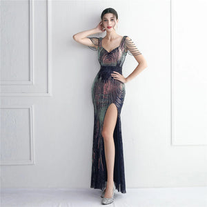 Sexy Slit Sequin Evening Dress Sleeveless Beading Formal Party Maxi Long Prom Dress