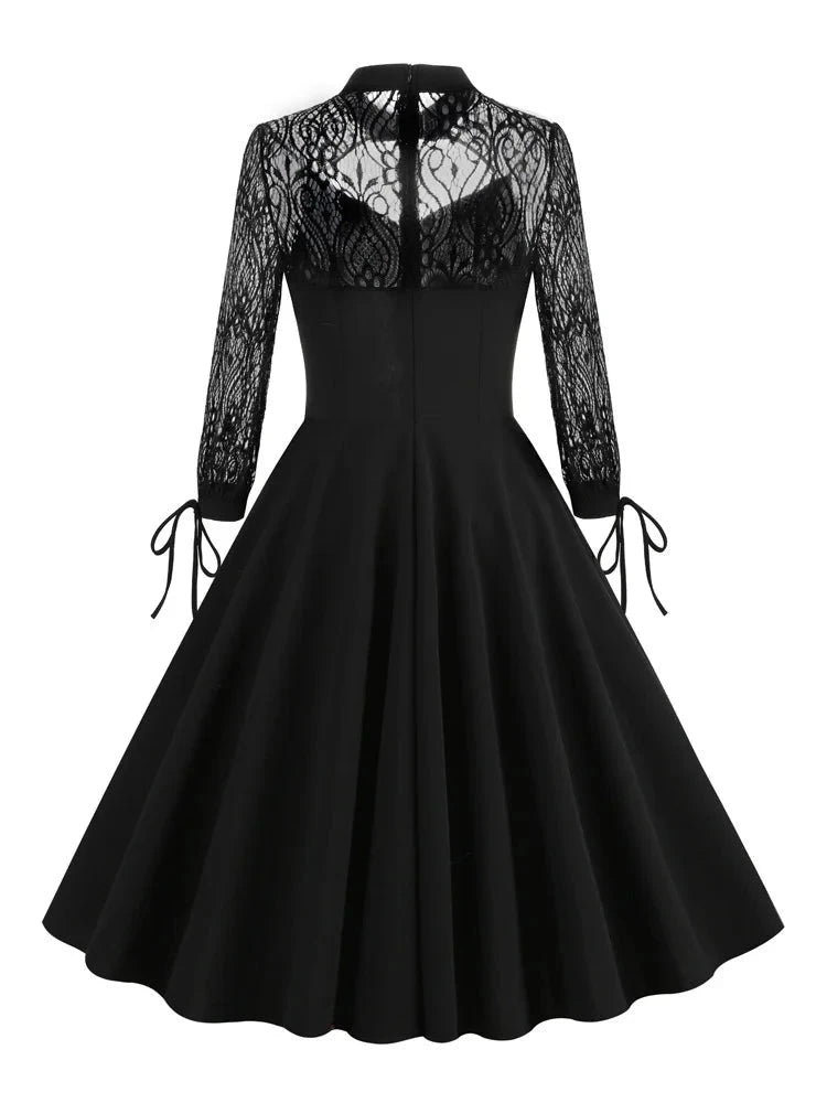 Hollow Out Front Elegant Evening Festival Black Dresses for Women Lace Long Sleeve Ladies Vintage Sexy Swing Dress