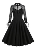 Hollow Out Front Elegant Evening Festival Black Dresses for Women Lace Long Sleeve Ladies Vintage Sexy Swing Dress