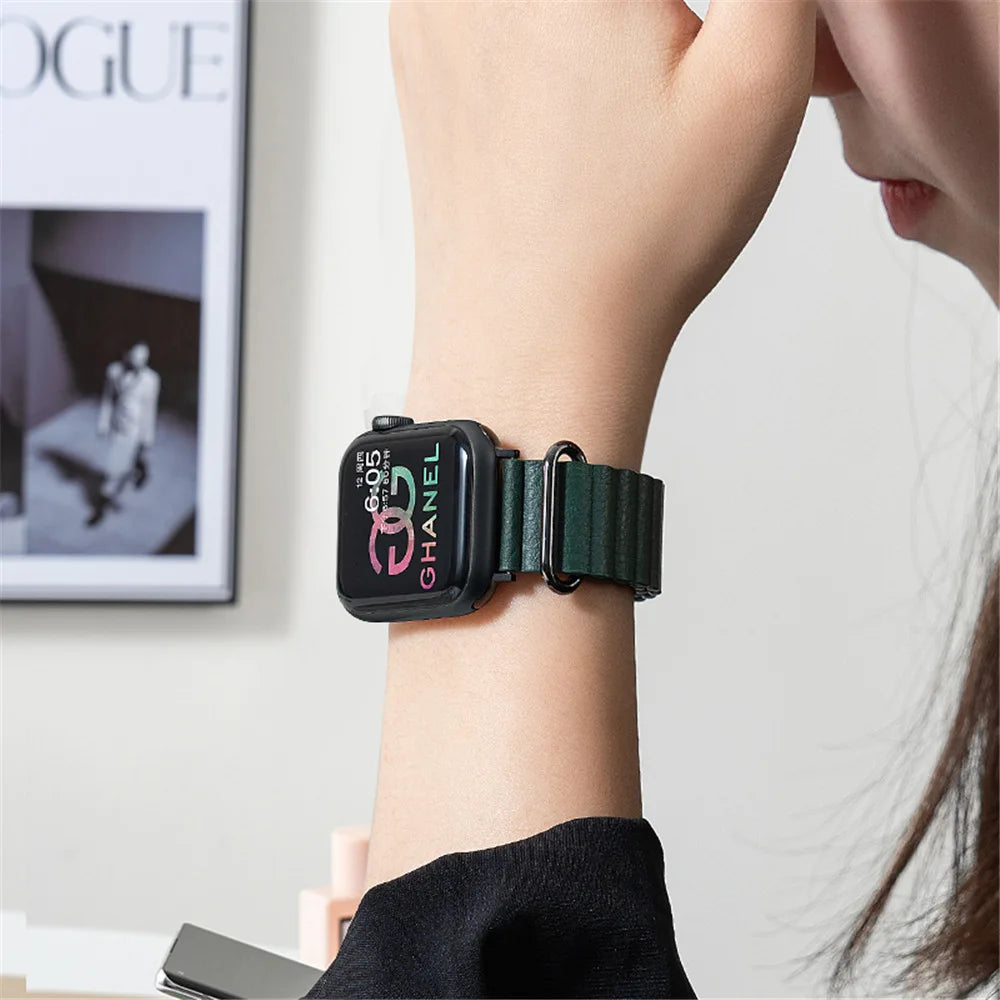 Magnetic Leather Band For Apple Watch 44mm 45mm 49mm 40mm 41mm 42mm 38mm Metal Stainless Steel Strap For iwatch 8 7 SE 6 5 4 3 2