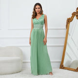 Ruched Lace Chiffon Formal Evening Dress Elegant V Neck Beading Party Gown