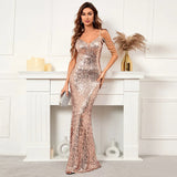 Women Strap Party Maxi Dress Sexy V Neck Beading Evening Dress Celebrity Silver Sequin Long Prom Dress