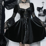 Flare Sleeves Lace Witchy Gothic 40s 50s Retro Vintage Lace Up Velvet Bodycon Goth Dress