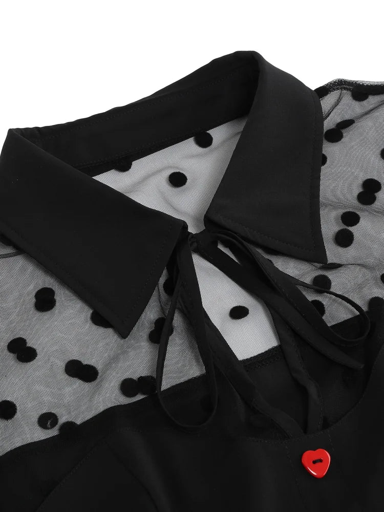 Black Contrast Floral Mesh Vintage Women Summer Swing Dress Turn-Down Collar Button Front Short Sleeve Midi Dresses