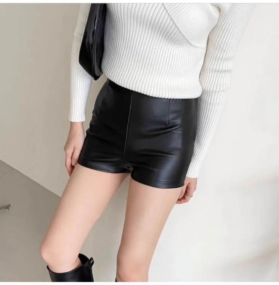 PU Tight Leather Shorts Black Women's Clothing Autumn Winter Thin Slim High Waist Short Pants