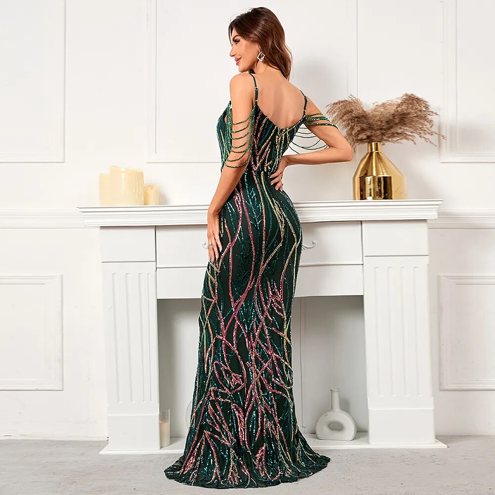 Women Strap V Neck Gold Sequin Evening Dress Sexy Beading Party Maxi Dress Long Prom Dress