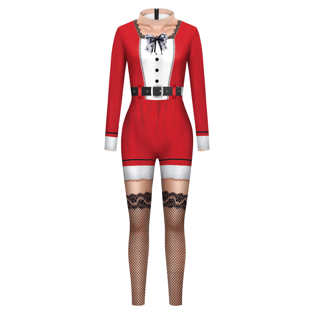 Women Sexy stripe Jumpsuit Xmas 3D Print Pattern Bodysuit Zentai Suit Christmas Holiday Cosplay Costume Female Clothes Catsuit