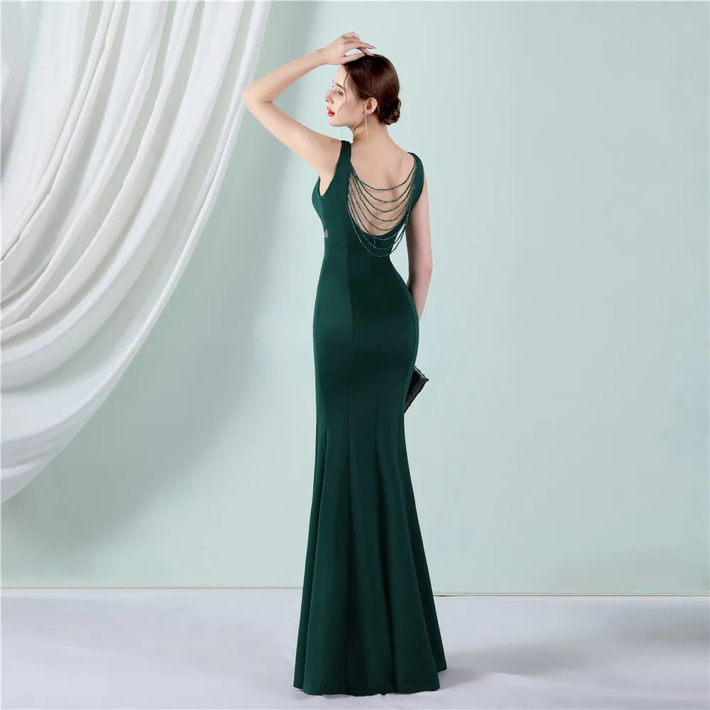 Green Backless Beading Evening Dress Women Sexy Slit V Neck Party Maxi Dress Long Prom Dress
