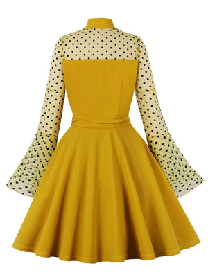 Ginger Elegant Birthday Dress for Women Polka Dot Mesh Flare Sleeve Winter Christmas Party Vintage Dresses