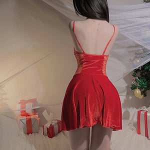 Women Christmas Santa Claus Exotic Cosplay Costume Sexy Winter Sleeveless Suspender Dress Lace Pacthwork