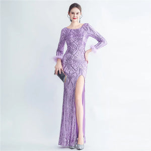 Stretch Feather Sequin Dress Full Sleeve Evening Night Long Party Maxi Dress