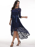 Vintage Robe Floral Lace Elegant High Low Hem Maxi Dress for Women O-Neck 3/4 Length Sleeve Evening Party Dresses